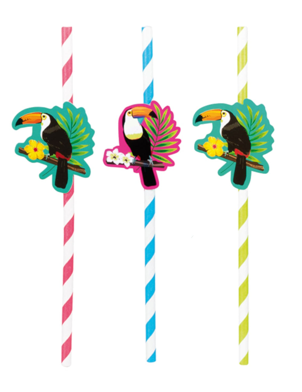 Pailles en carton toucan pour fête rayées rose bleu et vert