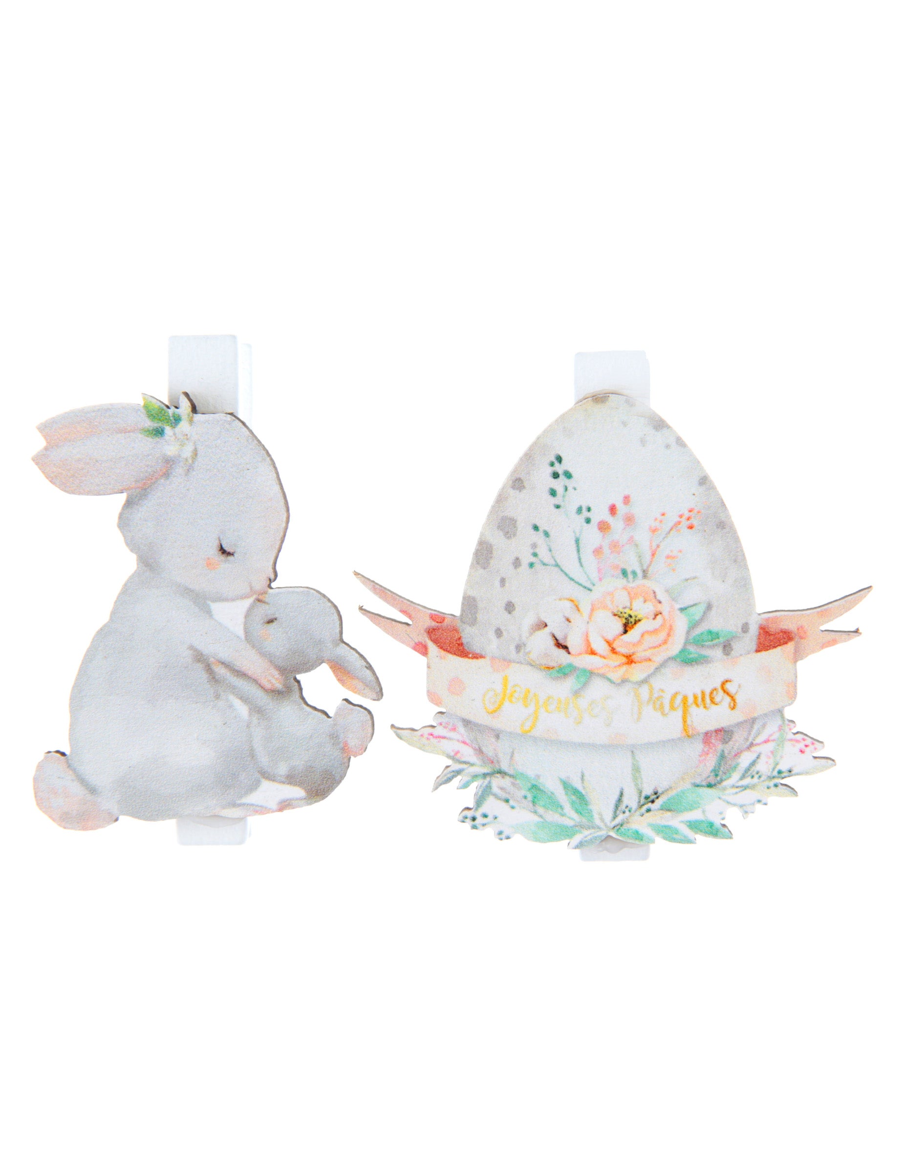 Pinces Pâques fleuri pour décoration en bois avec motifs de lapin et d'œuf pastels