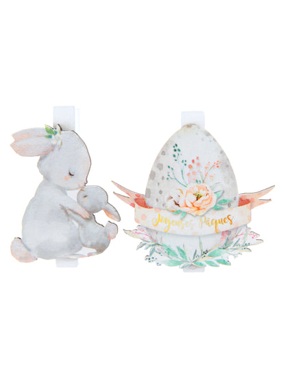 Pinces Pâques fleuri pour décoration en bois avec motifs de lapin et d'œuf pastels