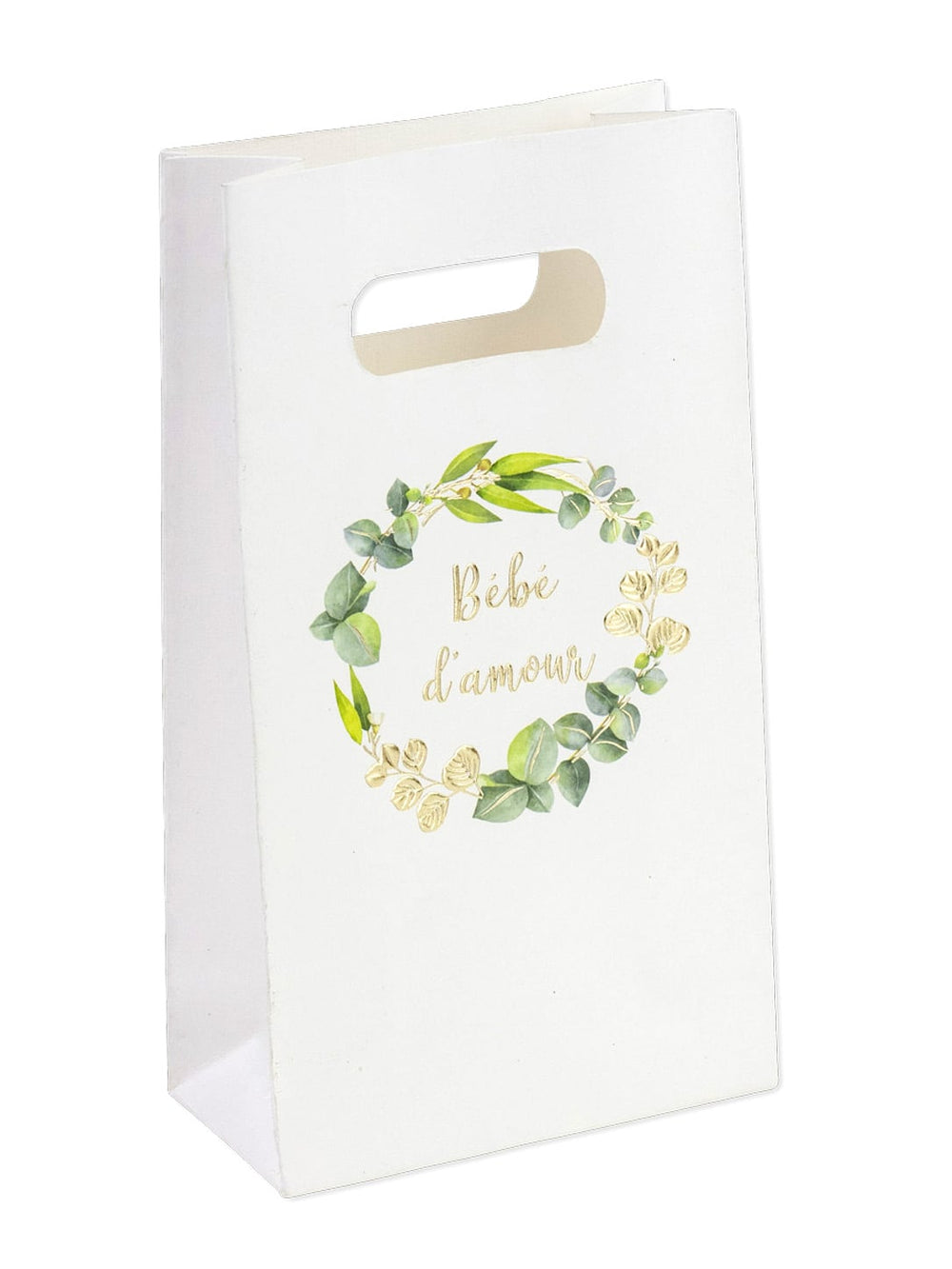 Sachets goodies bébé d'amour eucalyptus pour baby shower blanc avec dorure or