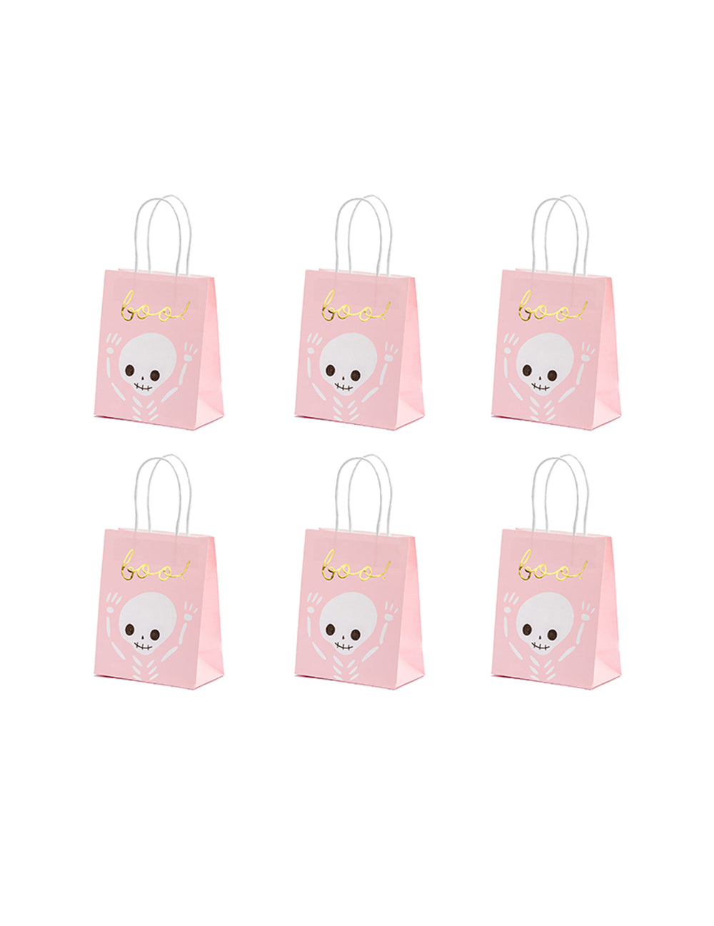 Sacs à bonbons boo pour Halloween roses et blancs avec motif squelette