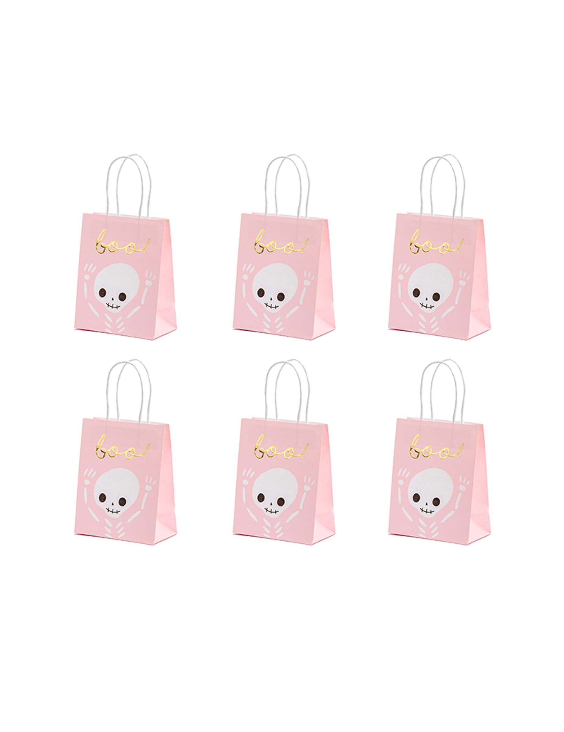 Sacs à bonbons boo pour Halloween roses et blancs avec motif squelette