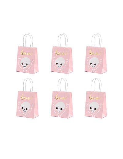 Sacs à bonbons boo pour Halloween roses et blancs avec motif squelette