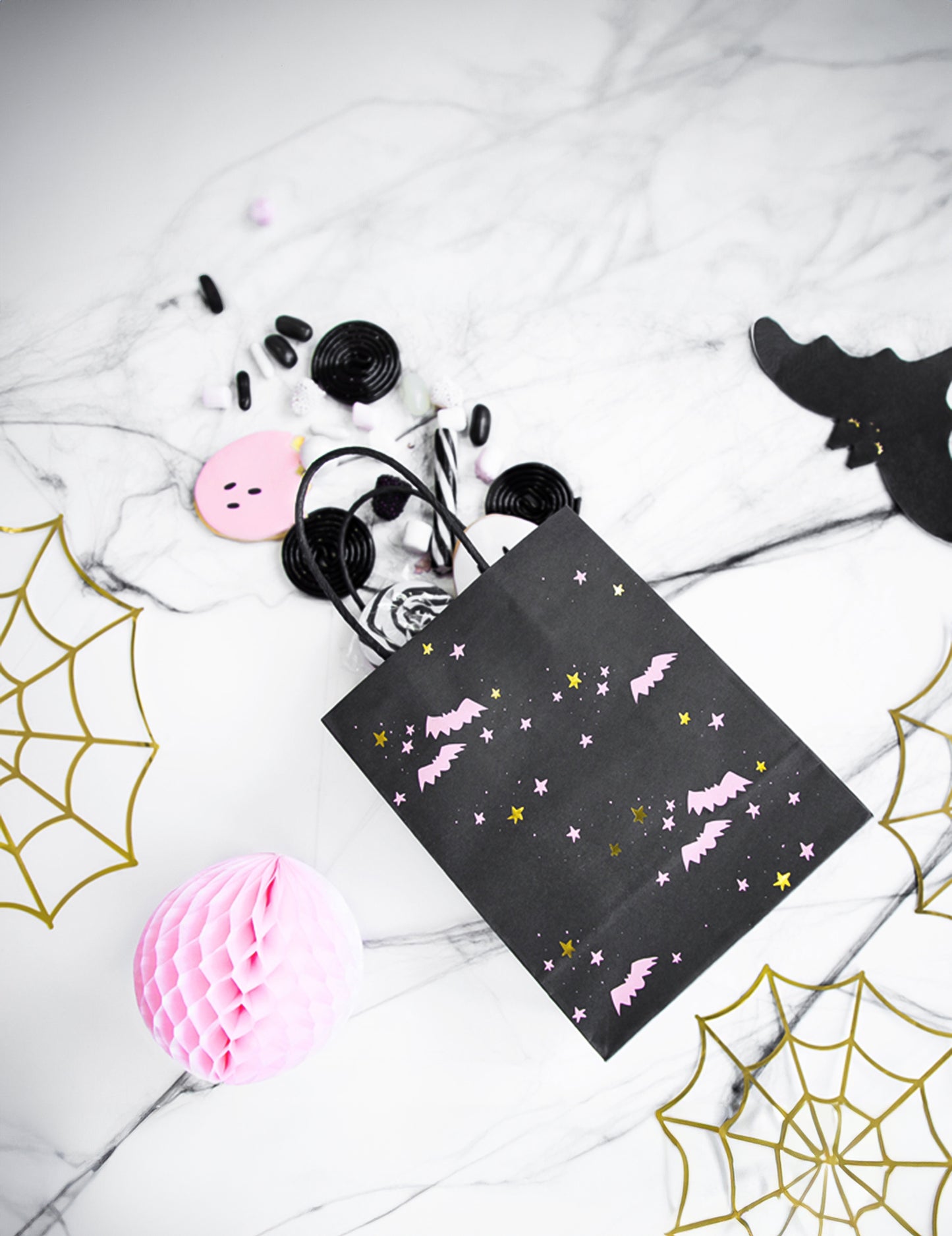6 ružičastih i crnih vrećica slatkiša u obliku šišmiša, 14 x 18 x 8 cm za Noć vještica