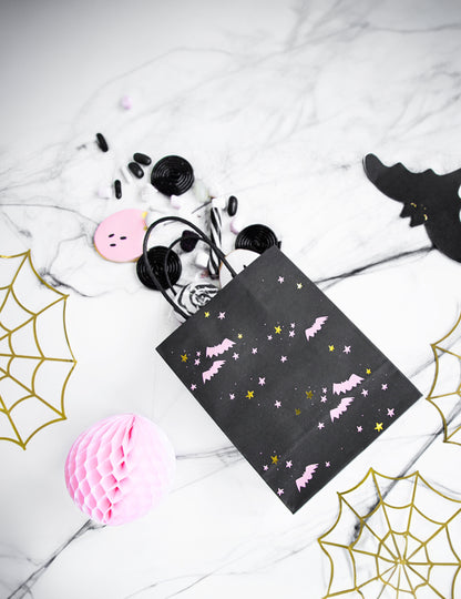 6 ružičastih i crnih vrećica slatkiša u obliku šišmiša, 14 x 18 x 8 cm za Noć vještica