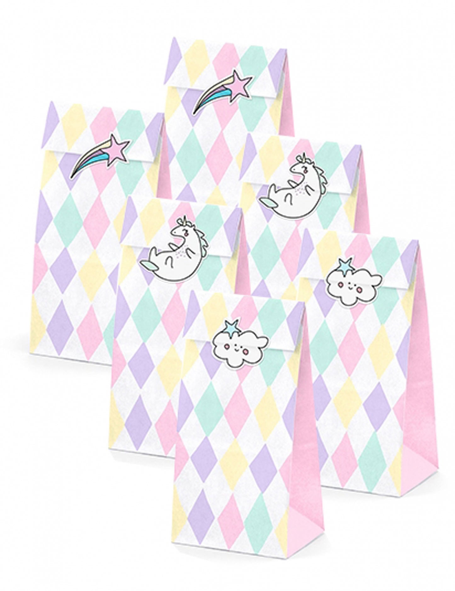 6 pastelnih papirnatih poklon vrećica s jednorogom, 8 x 18 x 6 cm