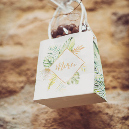 6 sacs à goodies en carton merci tropical ivoire avec dorure 11 x 10 x 7 cm cadeaux invités