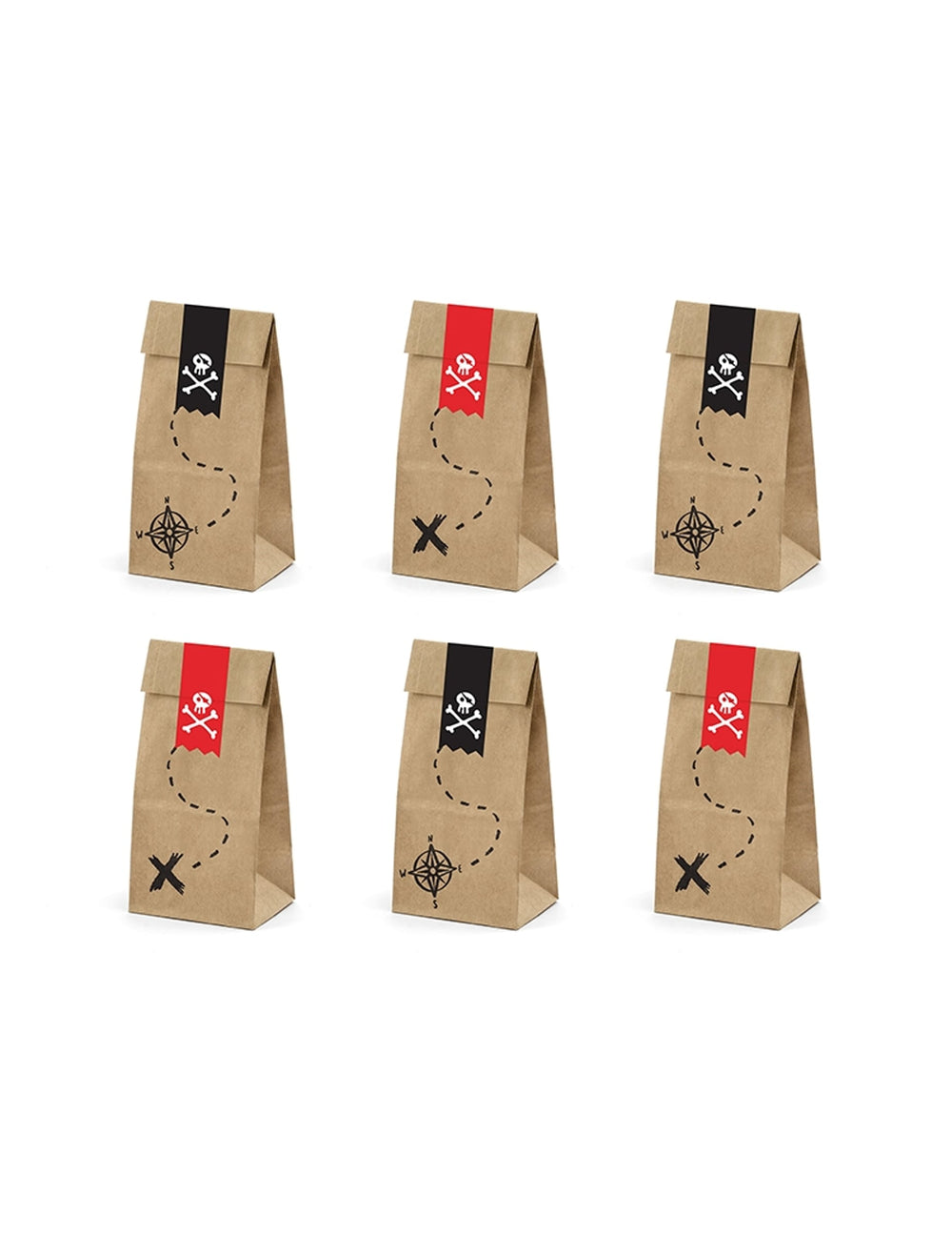 Sacs cadeaux pirate pour enfant en papier kraft marron avec motifs rouges et noirs