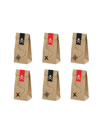 Sacs cadeaux pirate pour enfant en papier kraft marron avec motifs rouges et noirs