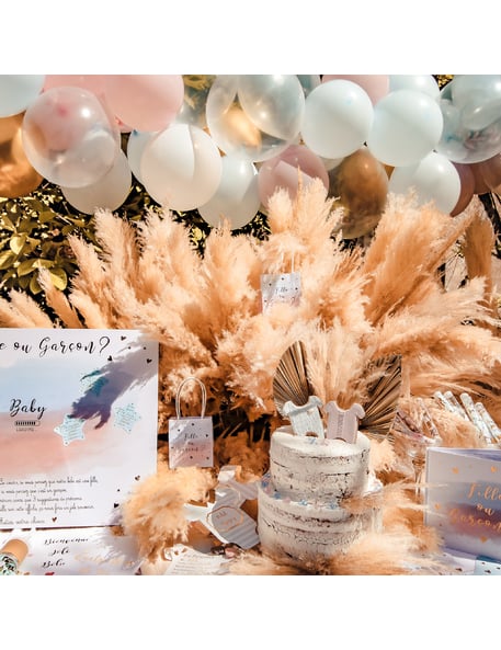 Mise en scène de la table de fête avec les sacs cadeaux fille ou garçon pour gender reveal