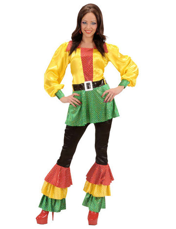 Disco satenska haljina iz 70-ih sa šljokicama žuto-crveno-zelena 