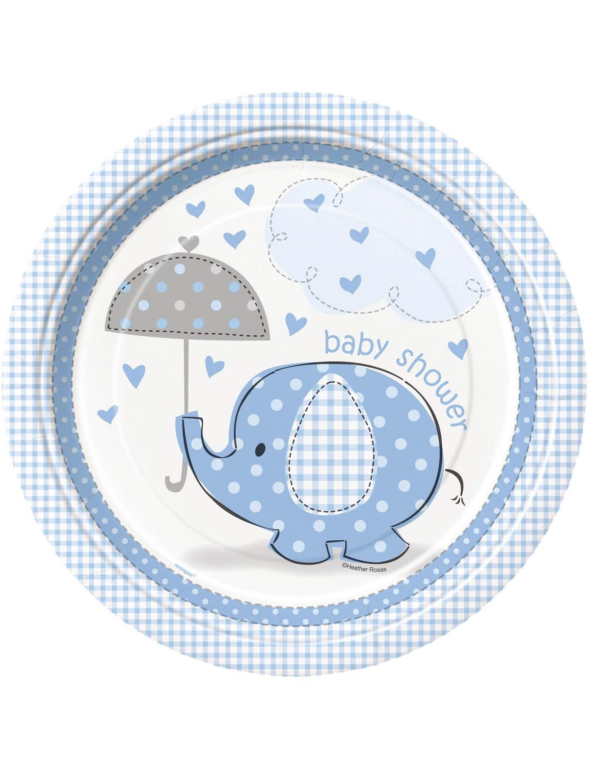 Kartonski tanjuri s motivom slona za baby shower dječaka plave boje s uzorkom kišobrana