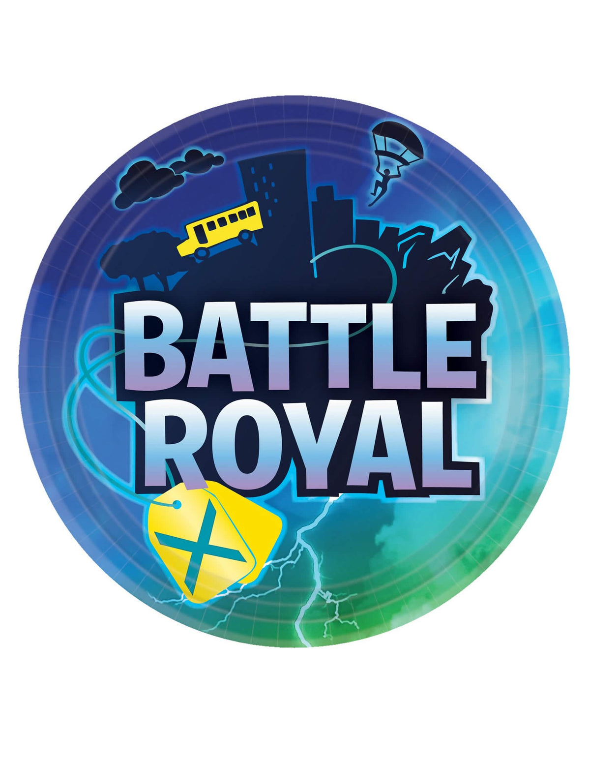 Kartonski tanjuri Battle Royale za rođendan plava i zelena s urbanim dekorom i žuti autobus
