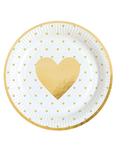 Assiettes en carton cœur d'or pour Saint Valentin blanc et or