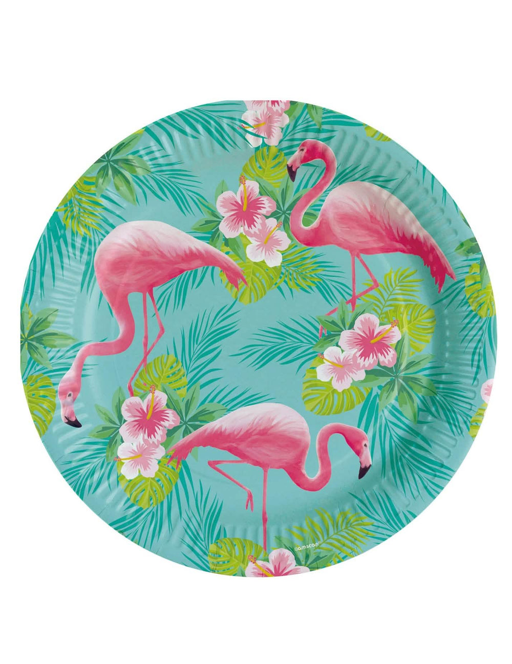 Papirnati tanjuri Flamingo Paradise tropski dekor tirkizne boje s ružičastim flamingosima i hibiskusom