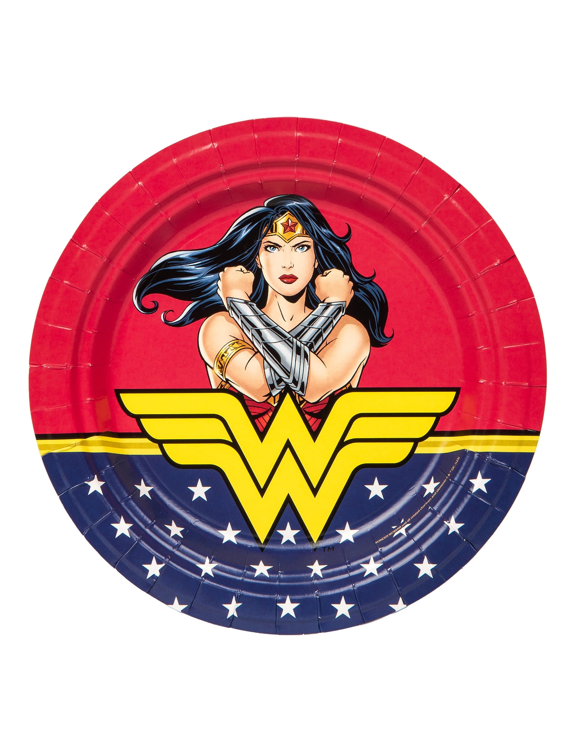 Assiettes en carton Wonder Woman pour fête rouge et bleu avec logo jaune et étoiles blanches