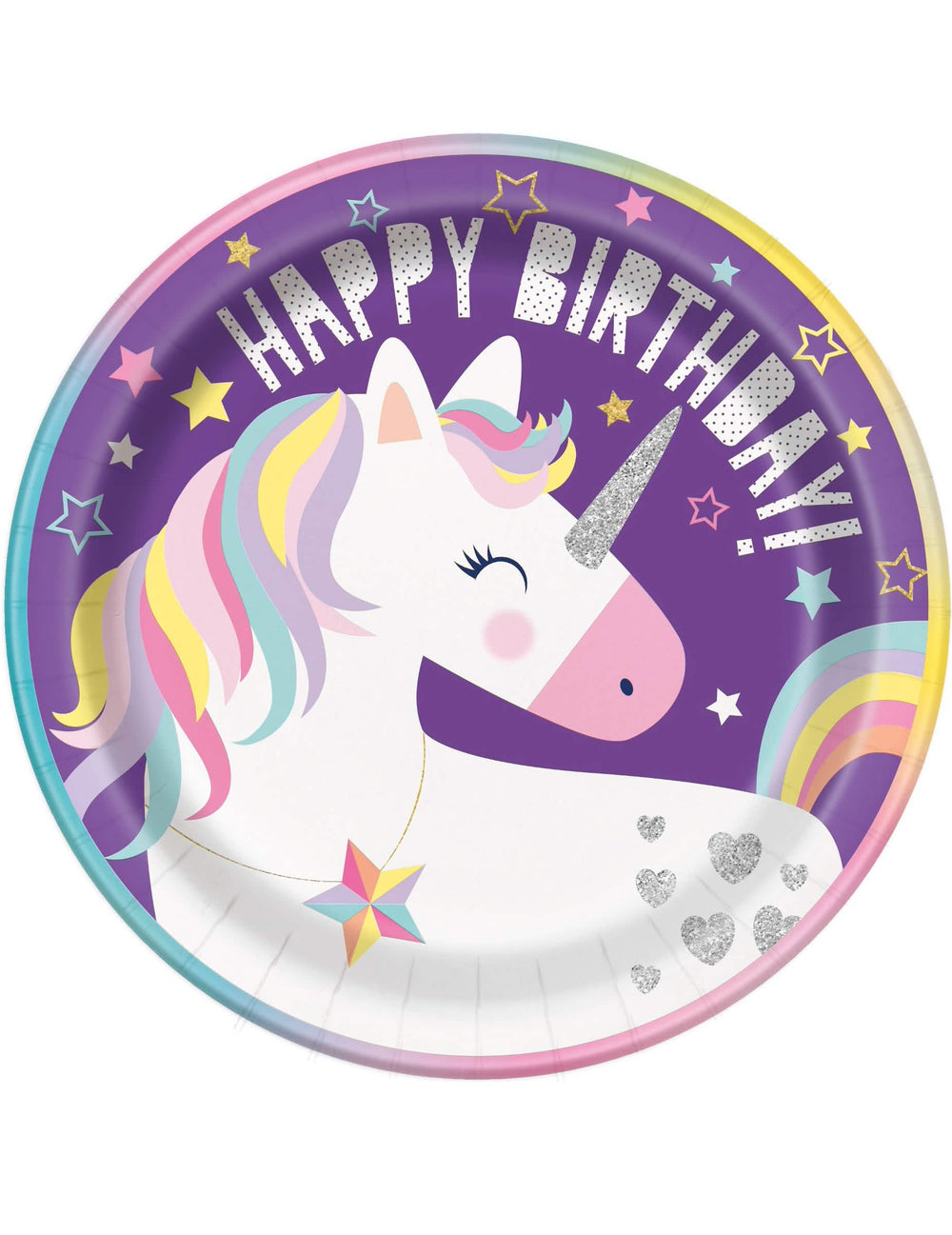 Kartonski tanjuri Happy Birthday jednorozi party za rođendan djevojčice, ljubičasti s detaljima od sjaja