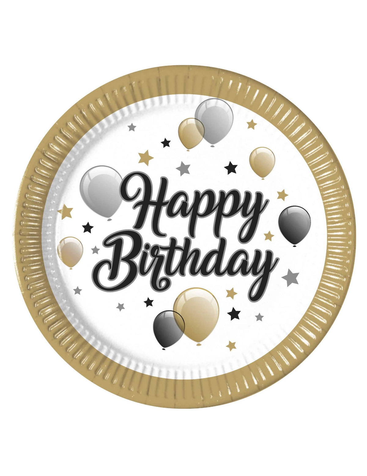 Kartonski tanjuri Happy Birthday za rođendan zlatna crna i srebrna