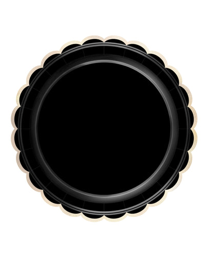 Assiettes festonnées en carton chic pour fête noires et dorées