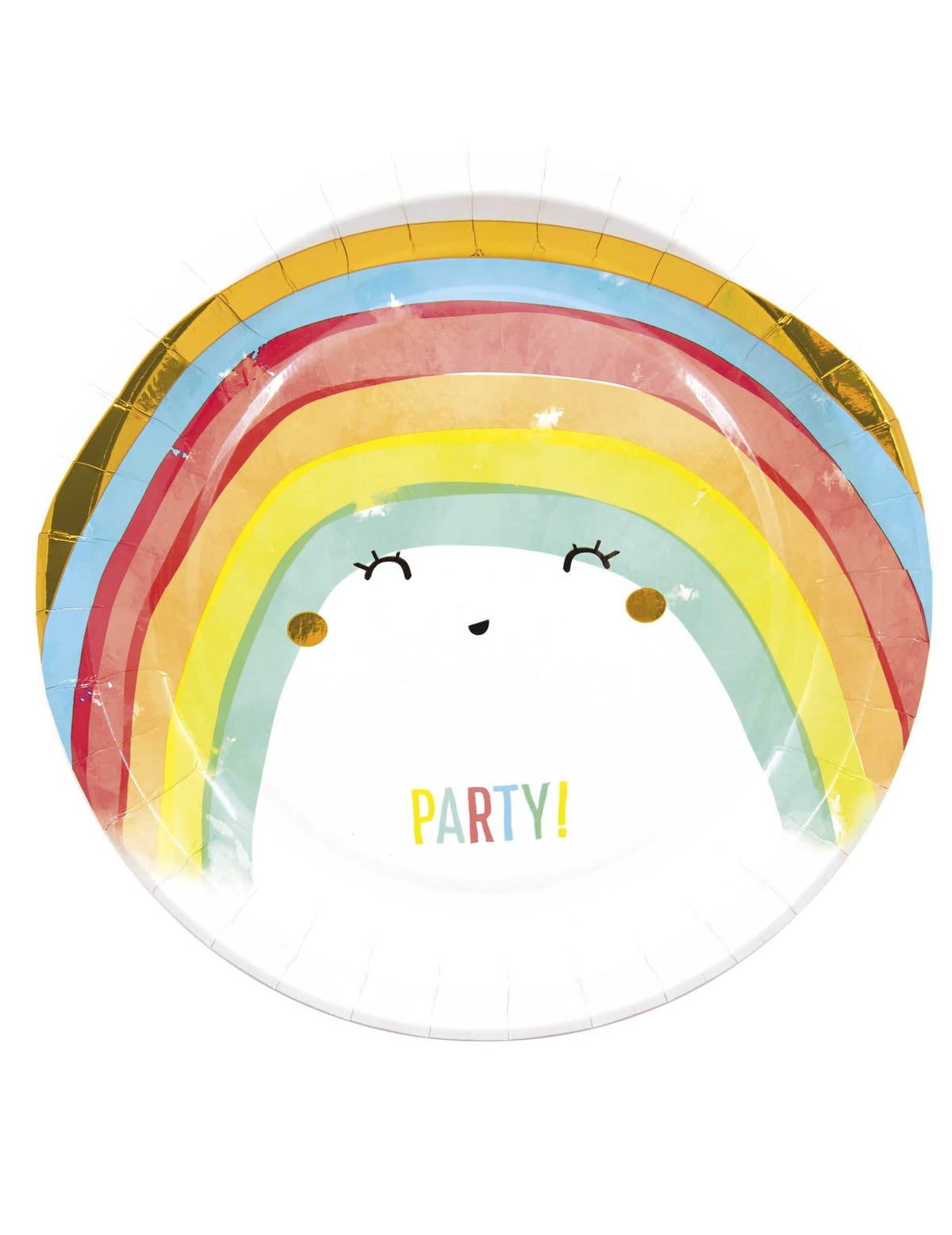 Kartonski tanjuri Rainbow party dugine boje za zabavu, višebojni s nasmiješenim licem i zlatnim rubom