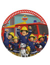 Assiette en carton Sam le Pompier pour enfant rouge avec camion et équipe de pompiers