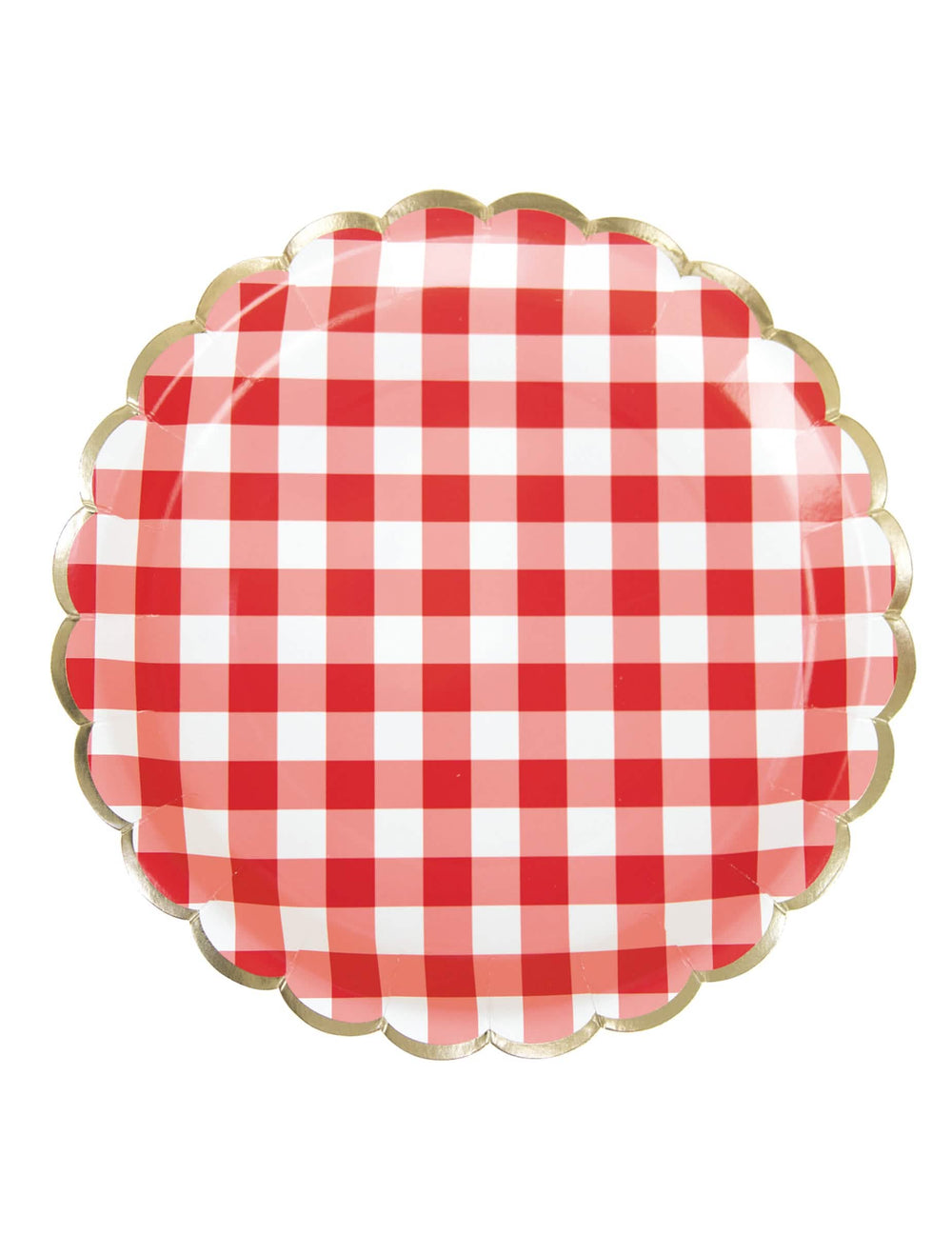 Assiettes festonnées en carton vichy rouge et blanc avec bordure dorée