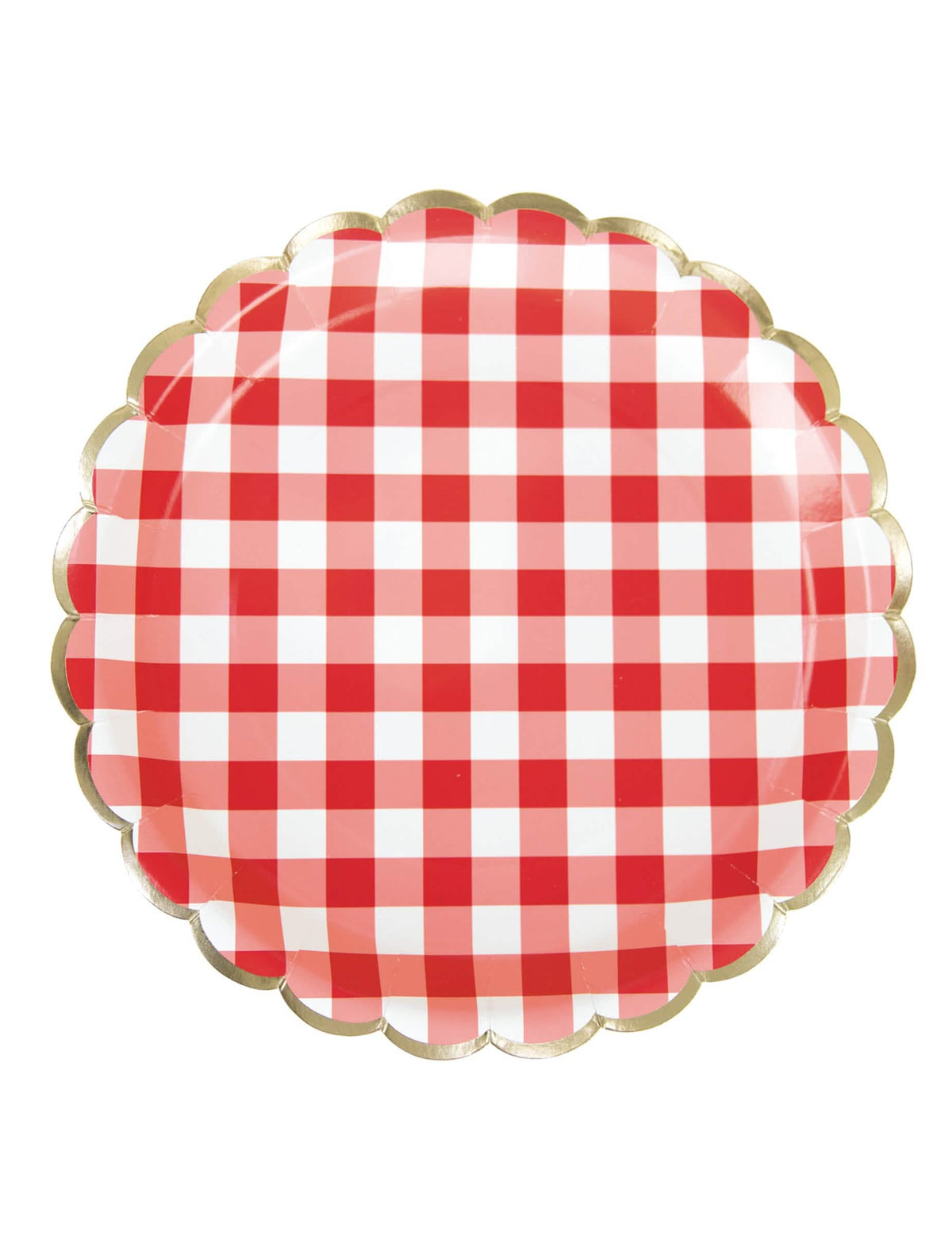Assiettes festonnées en carton vichy rouge et blanc avec bordure dorée