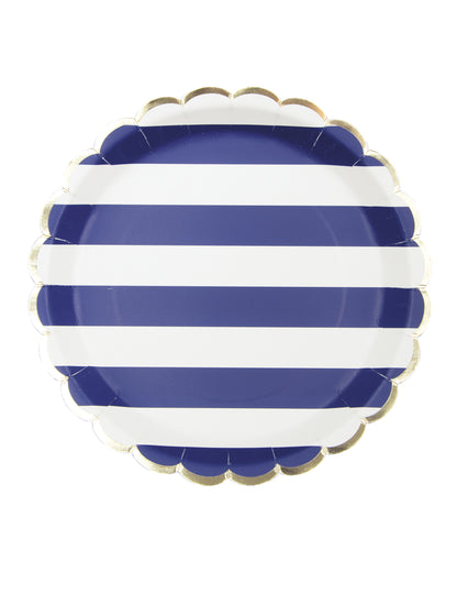8 valovitih kartonskih tanjura s uzorkom mornarskih pruga 23 cm zlatni rub