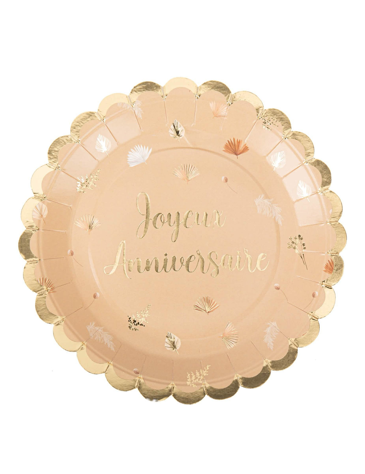 Assiettes Joyeux Anniversaire Boho pour fête blush et or festonnées