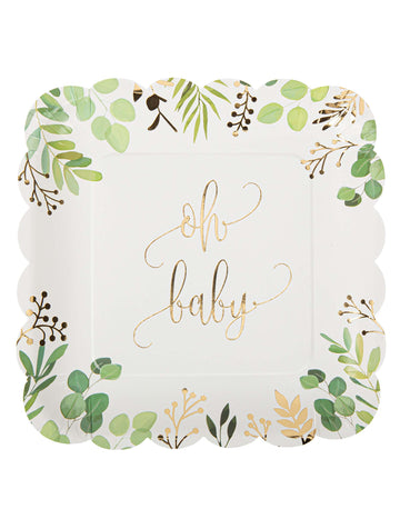 8 papirnatih tanjura Oh Baby Eucalyptus sa zlatnim obrubom 23 cm školjkasti kvadrati