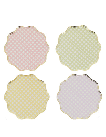 8 papirnatih tanjura u lila, ružičastoj, žutoj, zelenoj i zlatnoj boji, 23 cm, s nazubljenim pastelnim šahovskim uzorkom