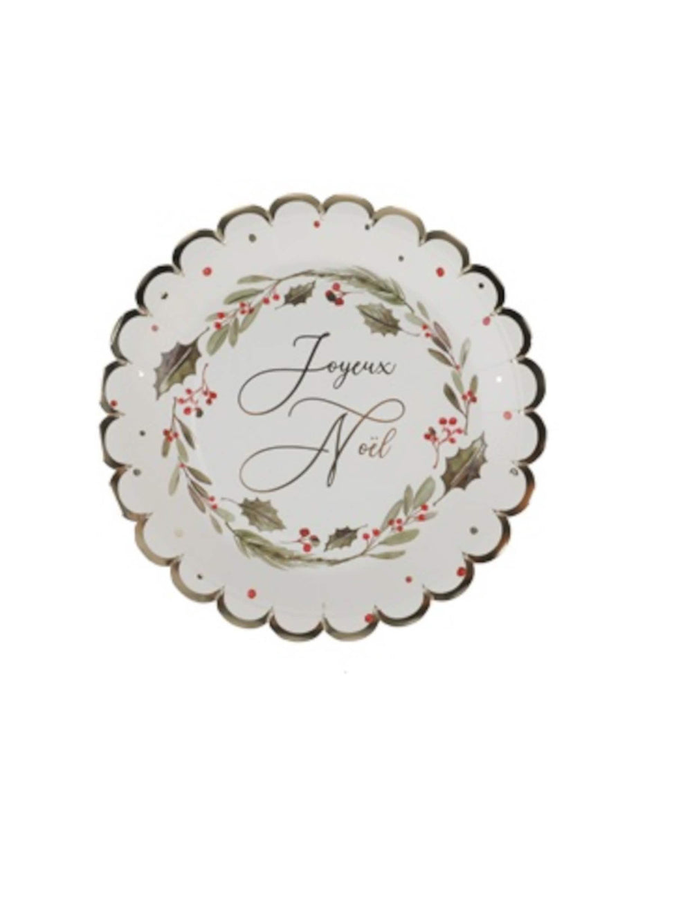 Assiettes Joyeux Noël tradi chic blanches avec motifs de houx et liseré doré