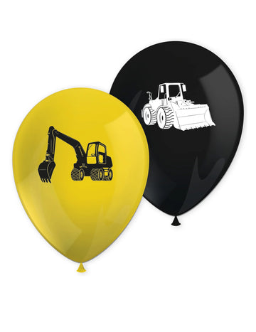 8 crno-žutih lateks balona s motivima građevinskih vozila, 30 cm