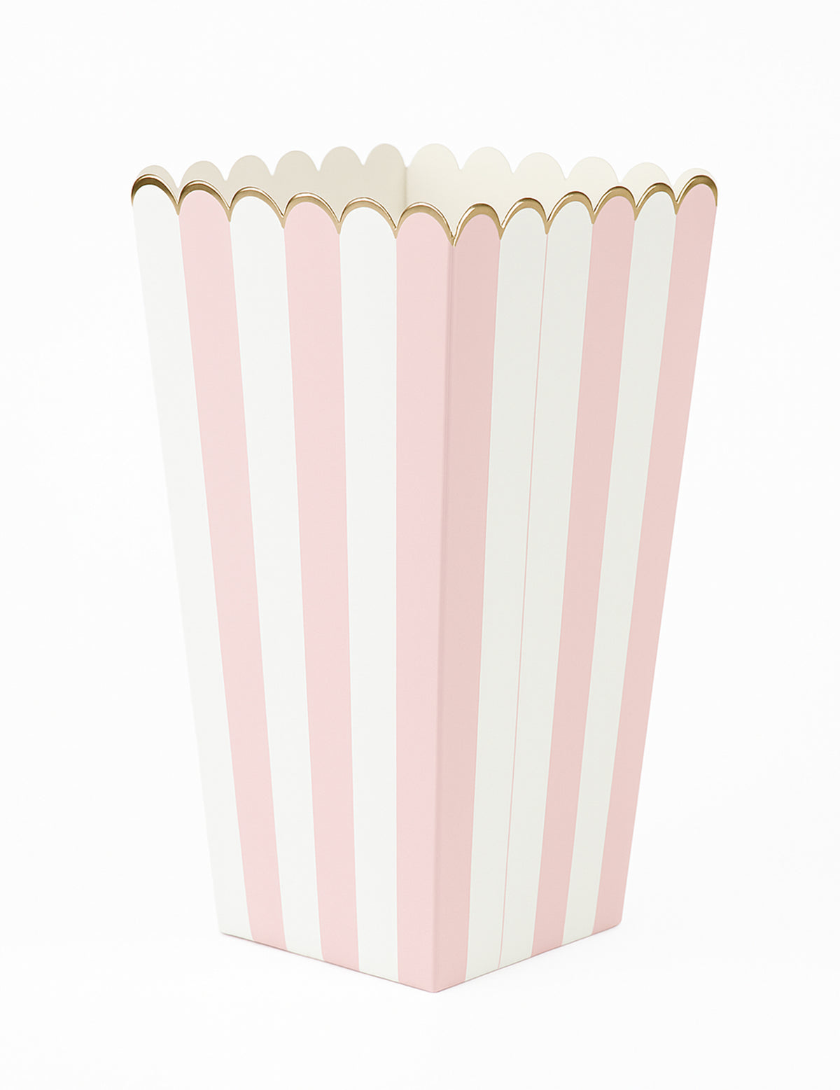 Boîtes à pop corn à rayures pour fête rose pastel et blanc avec bordure dorée