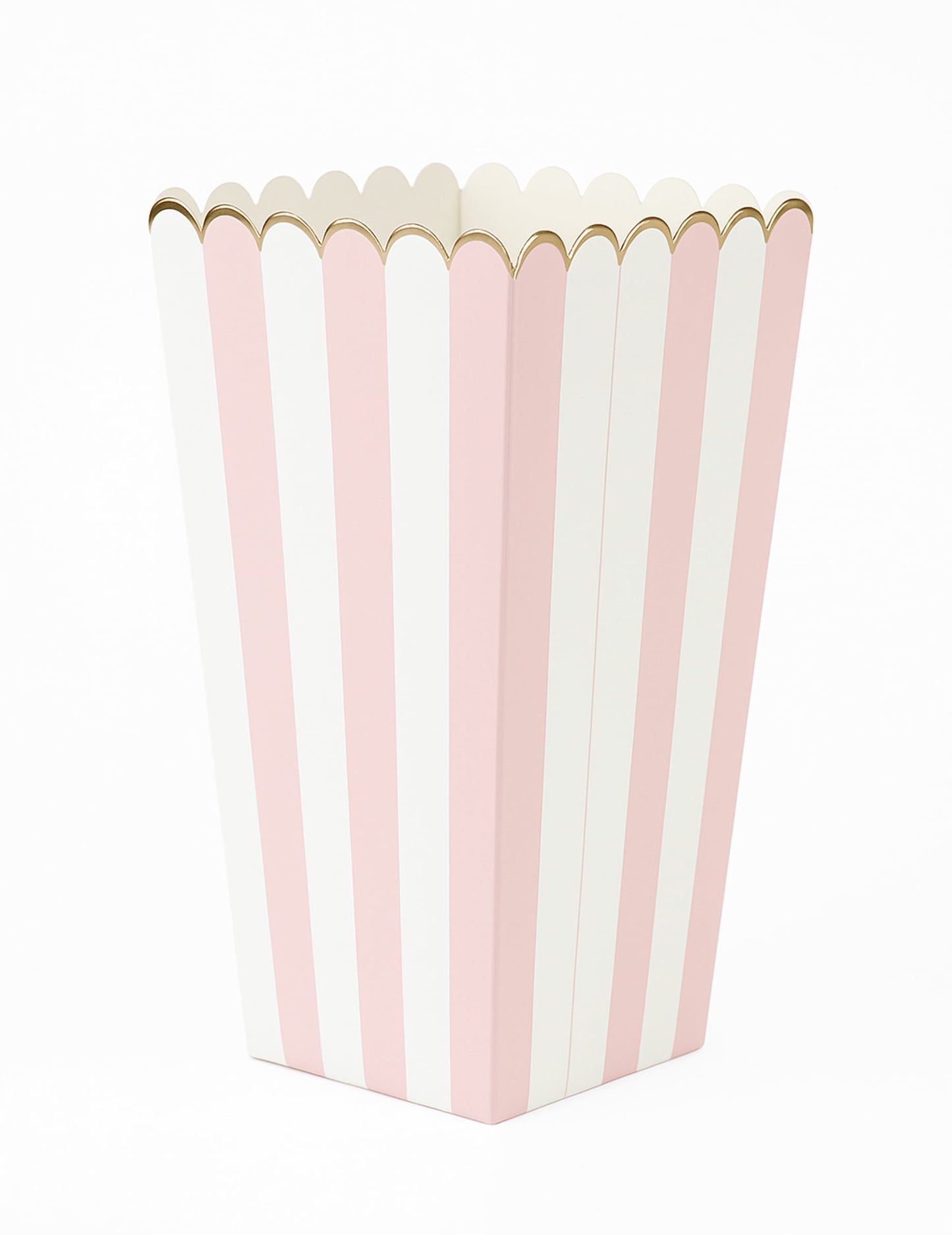 Boîtes à pop corn à rayures pour fête rose pastel et blanc avec bordure dorée