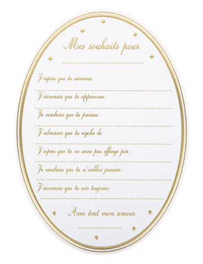 8 bijelo-zlatnih čestitki za baby shower u obliku medaljona