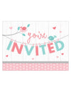 Cartons d'invitation hello baby pour baby shower rose et bleu avec oiseaux et coeurs