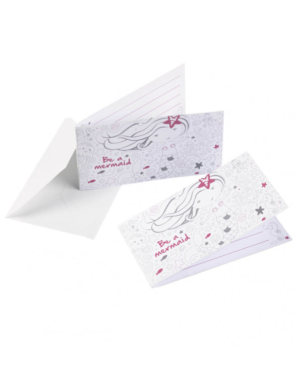 Cartons d'invitation sirène blanc et rose à colorier avec enveloppes