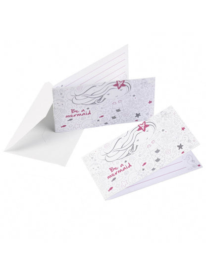 Cartons d'invitation sirène blanc et rose à colorier avec enveloppes