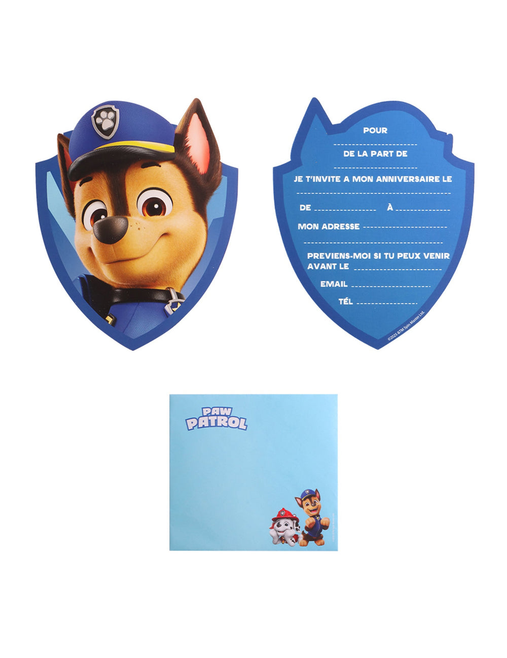 Cartons d'invitation avec enveloppes Chase Pat'Patrouille pour enfant bleus