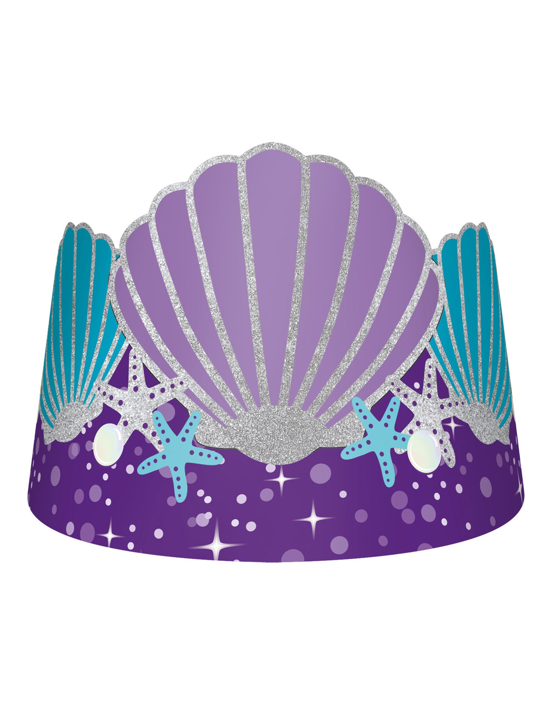 Couronnes en carton rêves de sirène pour enfant violettes et bleues avec coquillages et étoiles de mer