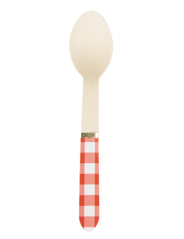 8 crvenih i bijelih drvenih žlica s kariranim uzorkom 16 cm