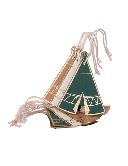 8 etiquettes en carton tipi indian forest kraft vert ivoire dorure avec ficelle