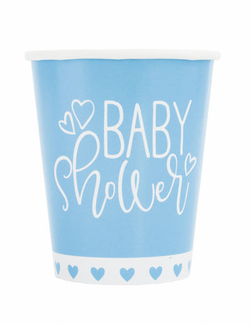 8 plavo-bijelih kartonskih čašica za baby shower od 266 ml s malim srcima