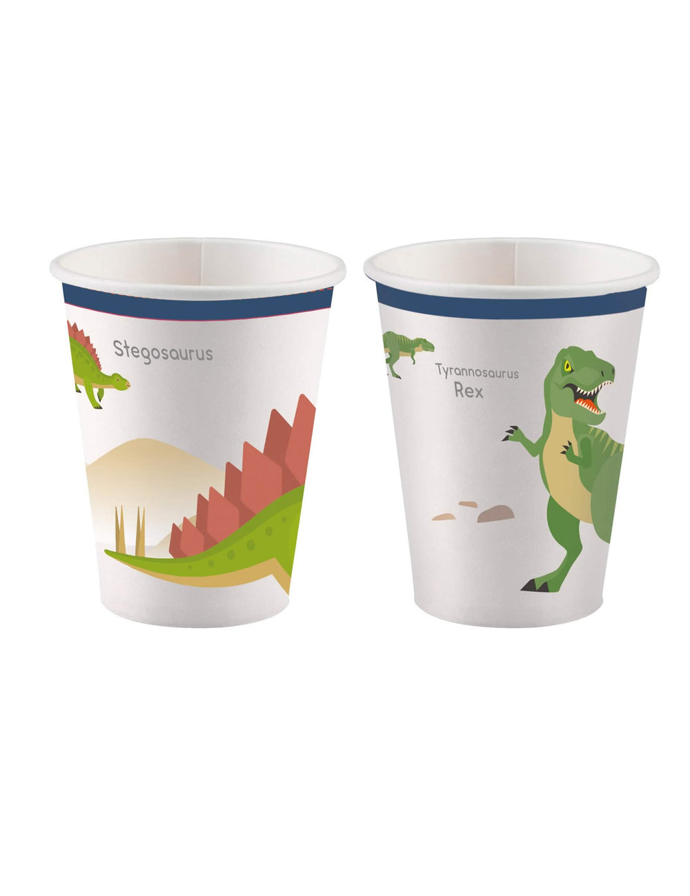 Kartonske čaše s velikim dinosaurima za rođendan djeteta, bijele s T-Rexom i stegosaurom