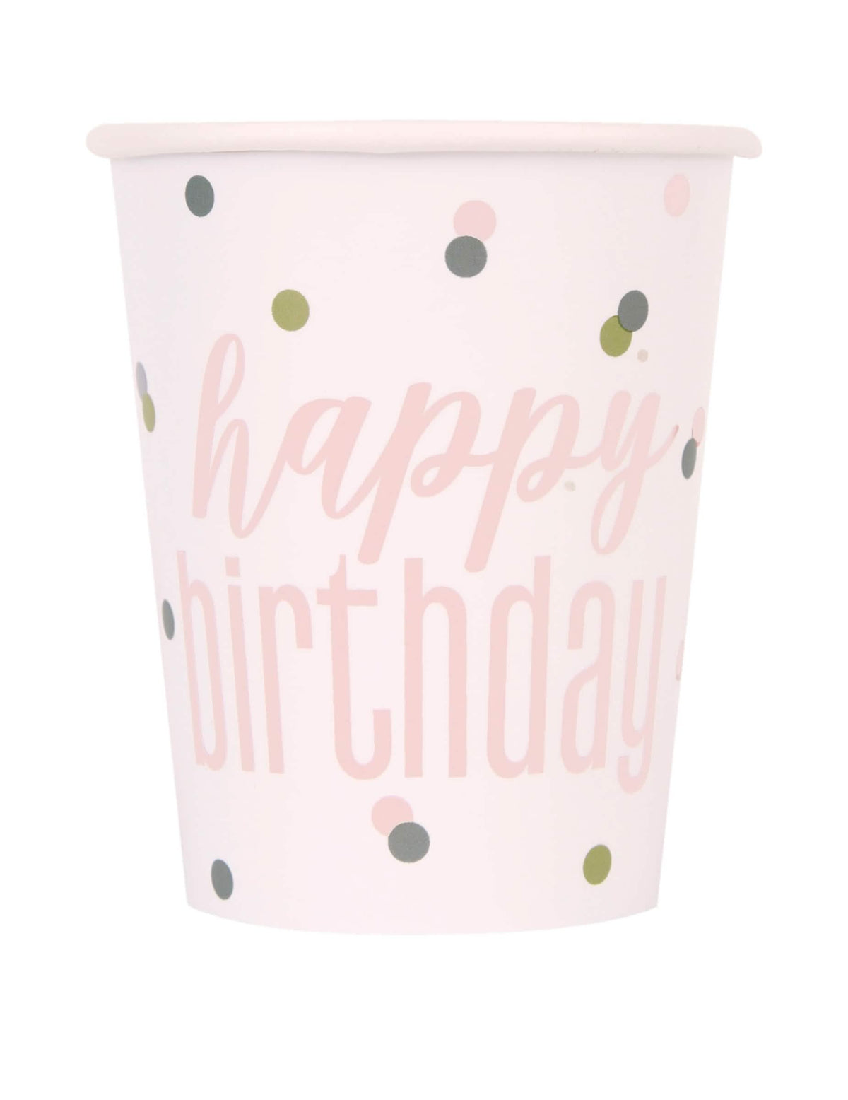 Kartonske čašice Happy Birthday za rođendan, bijele i ružičaste s točkicama