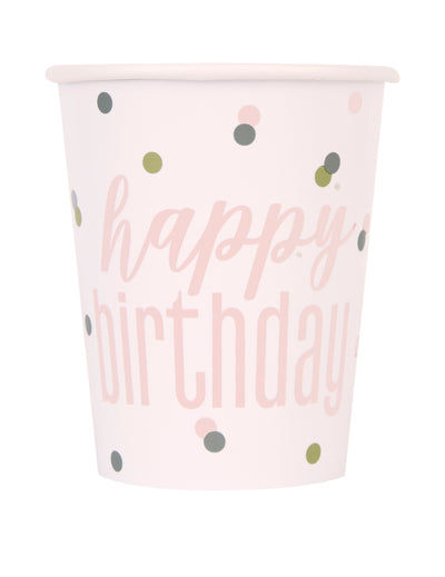 Gobelets en carton Happy Birthday pour anniversaire blancs et roses à pois