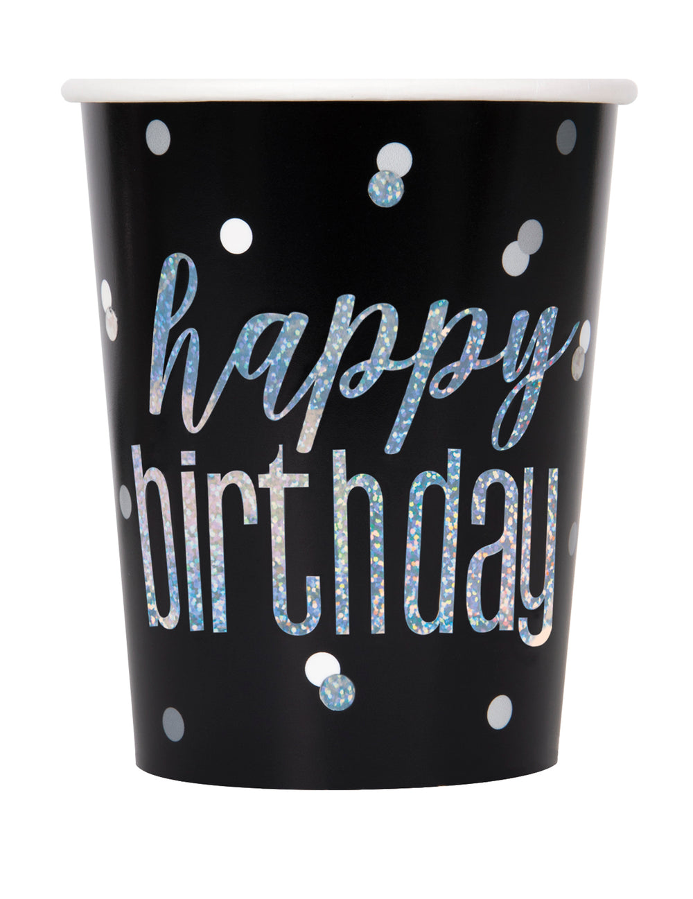 Gobelets en carton Happy Birthday pour fête noirs et gris avec confettis brillants