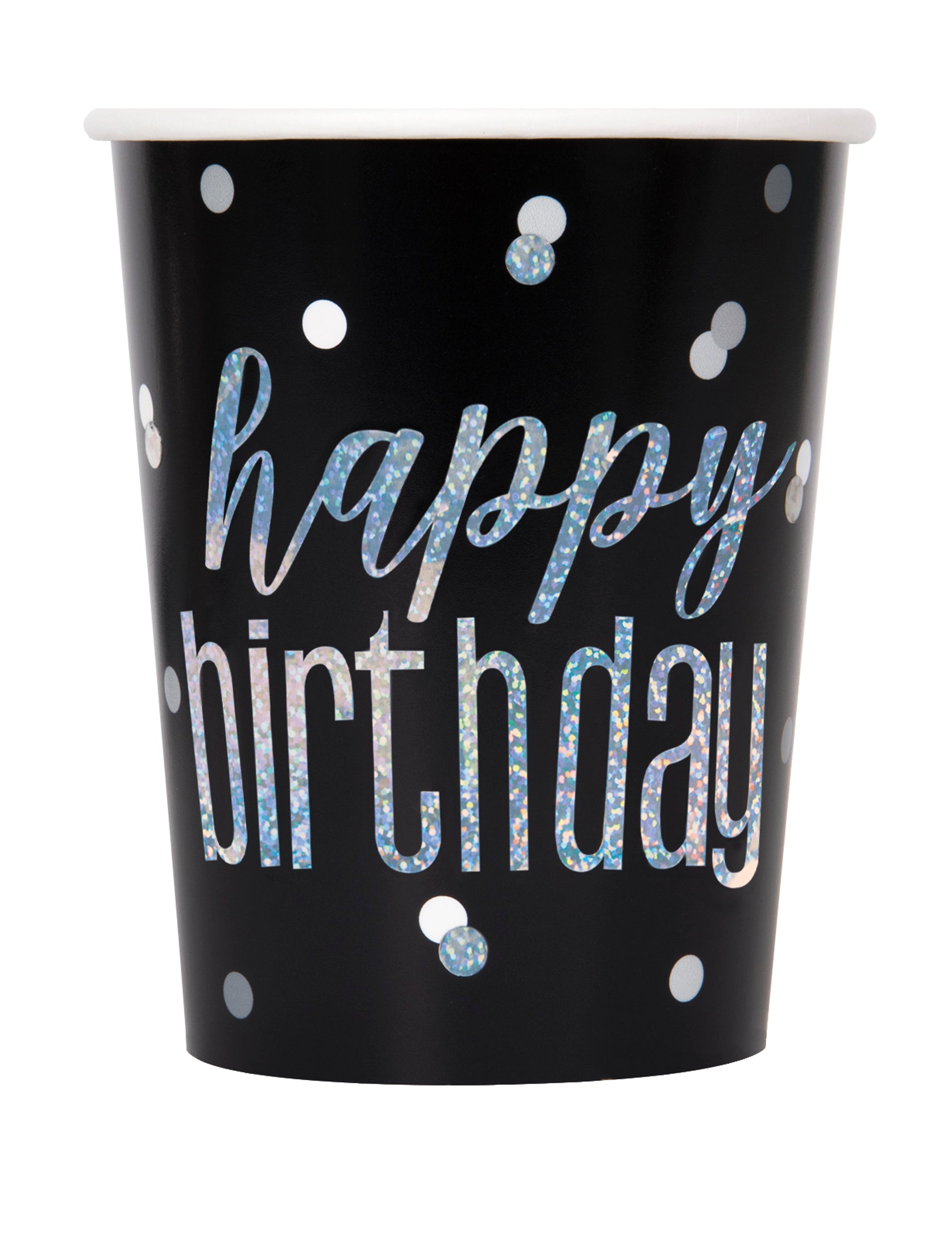 Gobelets en carton Happy Birthday pour fête noirs et gris avec confettis brillants