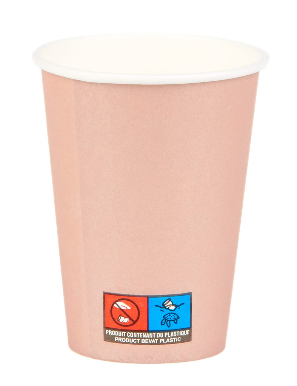 Detalj logotipa proizvoda koji sadrži plastiku od papirnatih čaša rozo zlato